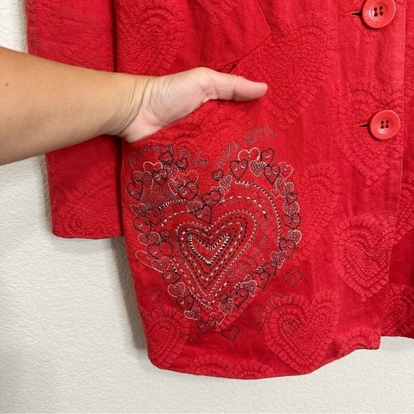 Desigual Red Heart Embroidered Jacquard Long Sleeves Peacoat, Sz Medium - Picture 6 of 14